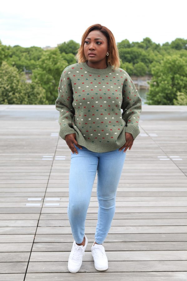 Grüner Oversized-Pullover mit buntem Muster – Bild 3