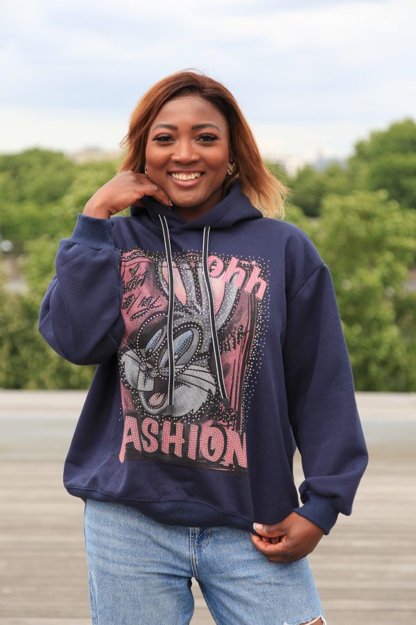 Dunkelblauer Fashion-Hoodie mit Cartoon-Print