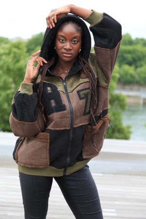 Oversized Patchwork-Jacke mit Kapuze – Khaki