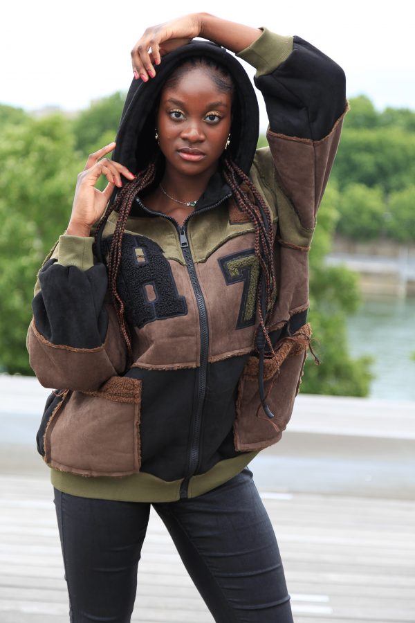 Oversized Patchwork-Jacke mit Kapuze – Khaki