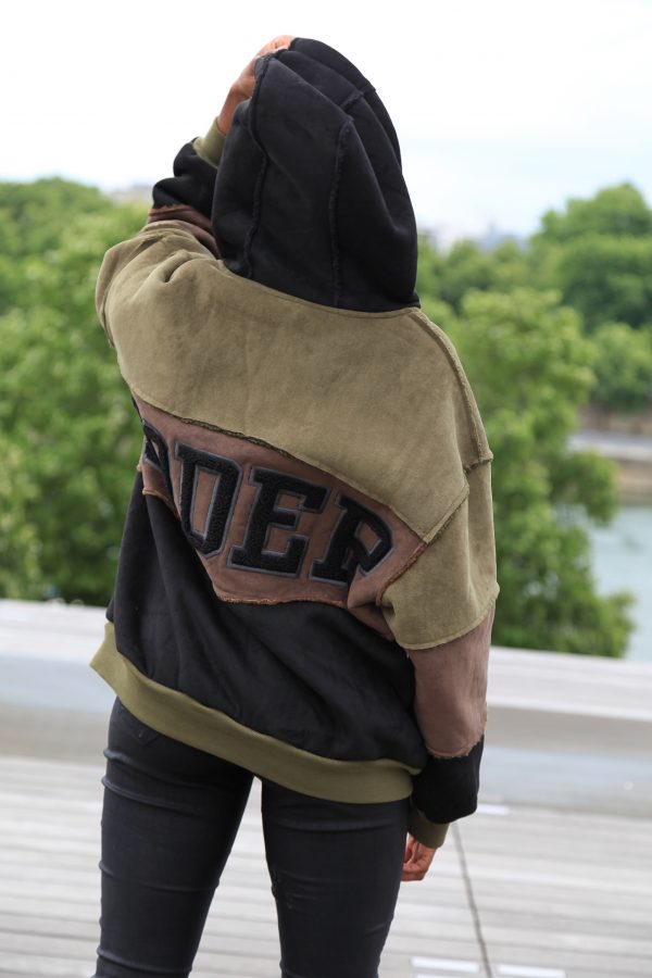 Oversized Patchwork-Jacke mit Kapuze – Khaki – Bild 4