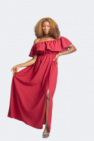 Dunkelrot Off-Shoulder Maxikleid mit Volant und Schlitz – Sommer & Abendkleid