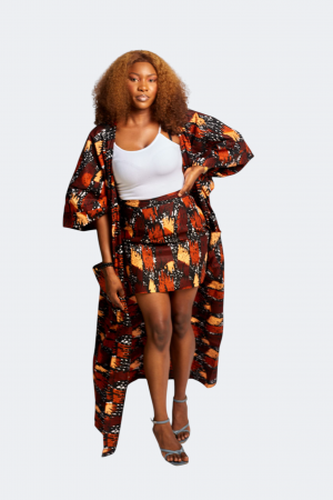 Kimono & Minirock Set in Orange-Braun-Schwarz