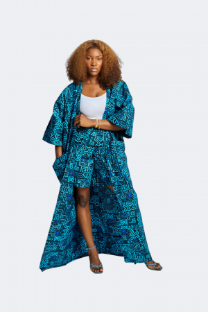 Kimono & Shorts Set in Türkis, Blau-Schwarz
