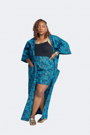 Kimono & Minirock Set in Türkis-Blau-Schwarz