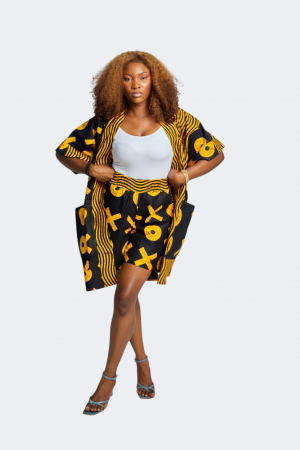 Zweiteiler-Set in Schwarz-Gelb – Kimono & Shorts